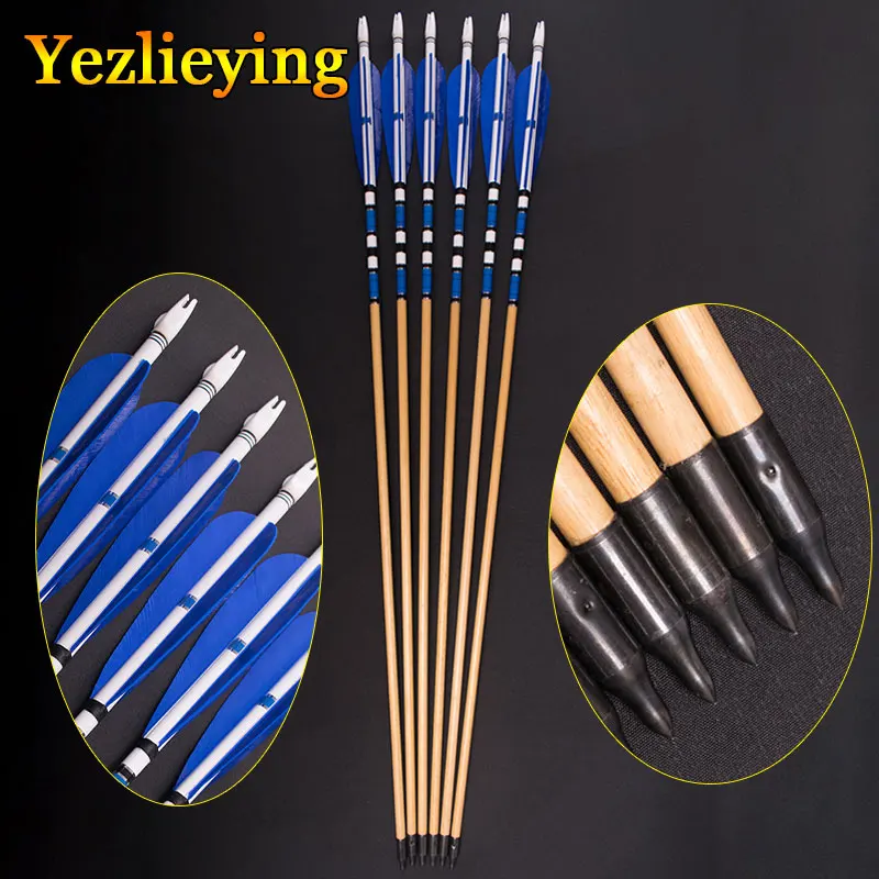 Wood Arrow with Iron Arrowhead, Peacock Blue Feather, Handmade Archery, Hunting, Traditional, 31Inch, 3 PCs, 6 PCs, 12PCs