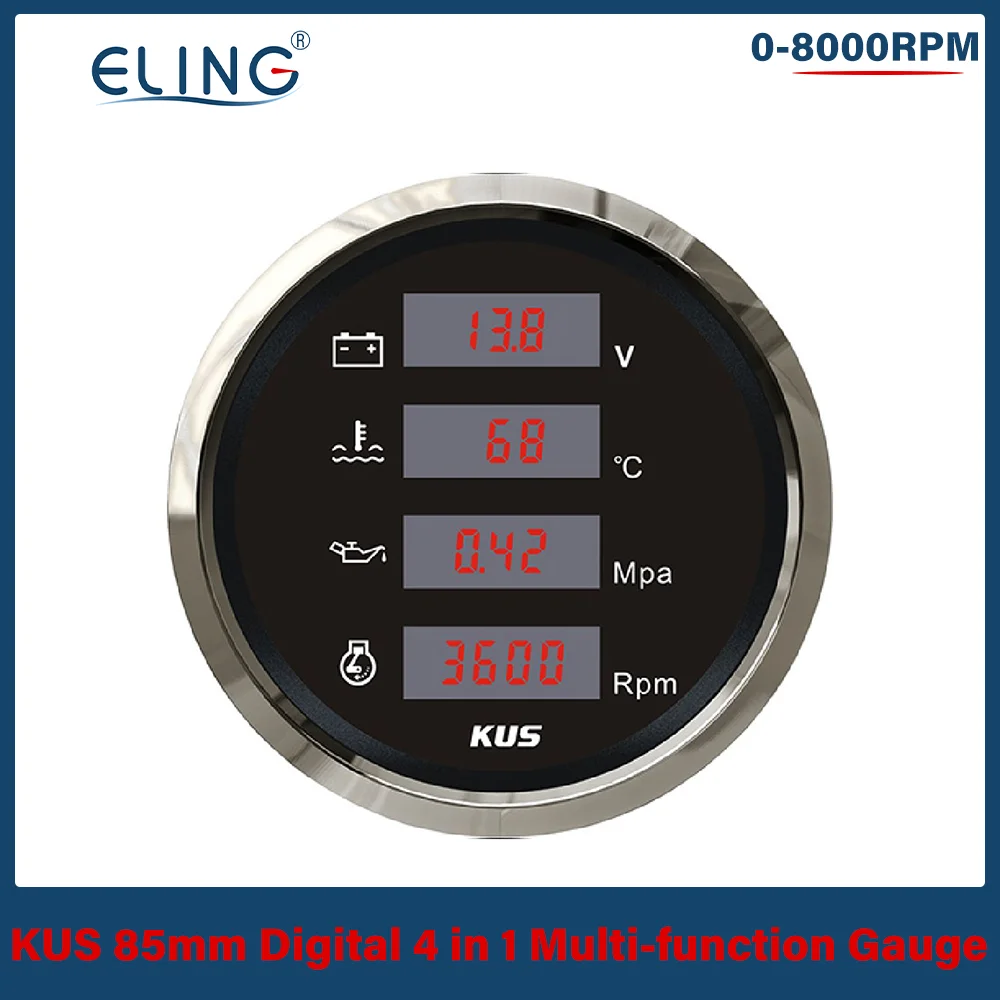 KUS 85 مللي متر مقياس سرعة الدوران 8000 دورة في الدقيقة درجة حرارة الماء الرقمي 25-120 ℃ مقياس الفولتميتر لضغط الزيت 0-1Mpa مع إضاءة خلفية حمراء 12 فولت 24 فولت للقوارب التلقائية #3