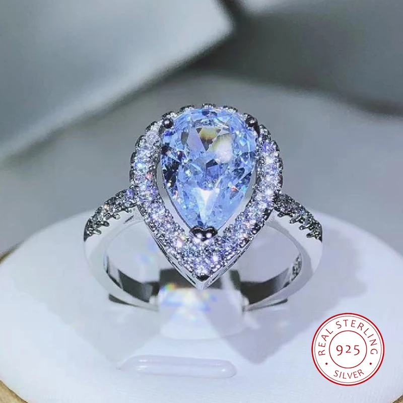Elegancki i wykwintny pierścionek z białą cyrkonią w kształcie kropli ze srebra próby 925 z diamentami dla modnej biżuterii damskiej Walentynki