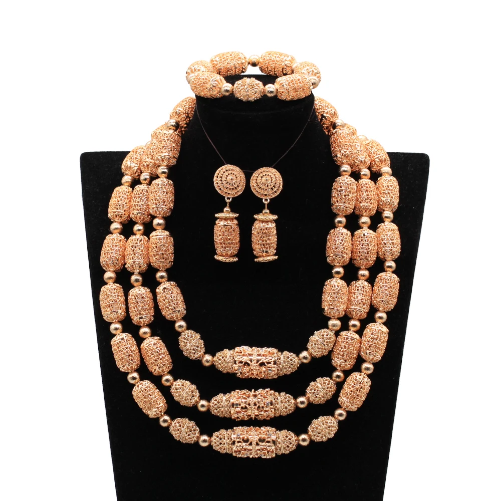 2022 Trendy 3 Layers Copper Alloy Bridal Wedding Party Fashion Jewelry Set Sparkling Gold Beads African Jewelry Sets ABG041