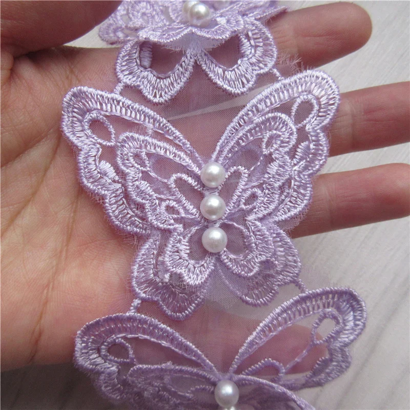 2 Yards 3D Soluble Purple Butterfly Pearl Organza Lace Trimming Embroidered Handmade DIY Patchwork Knitting Ribbon Sewing Craft