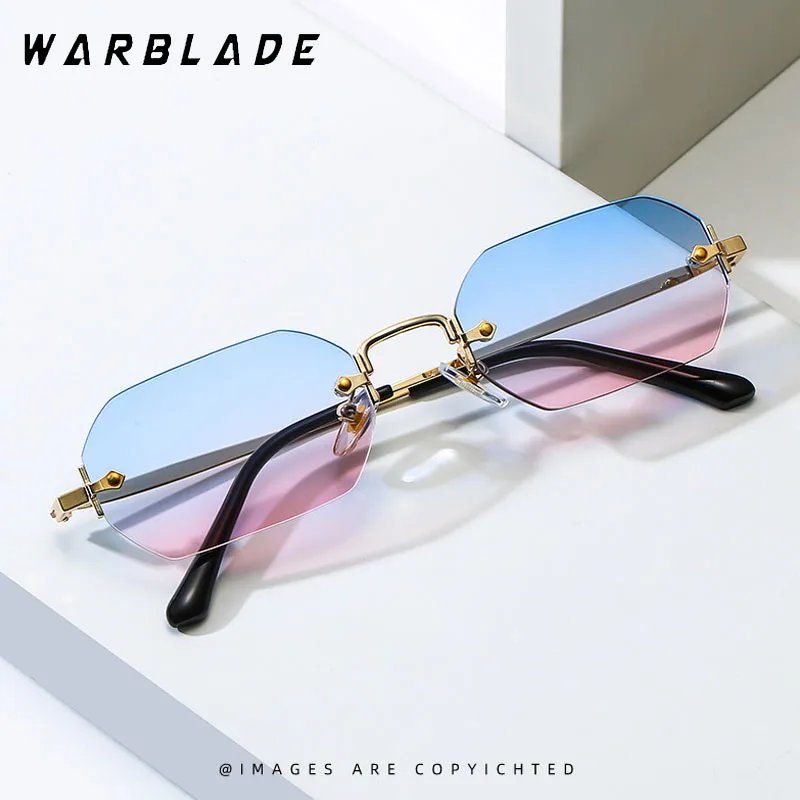 WarBLade 2023 nowych mężczyzn prostokątne okulary przeciwsłoneczne bez oprawek ośmiokątny małe okulary kobiet metalowy złoty wielokąt niebieski brązowy Uv400 bez ramki — zdjęcie 6