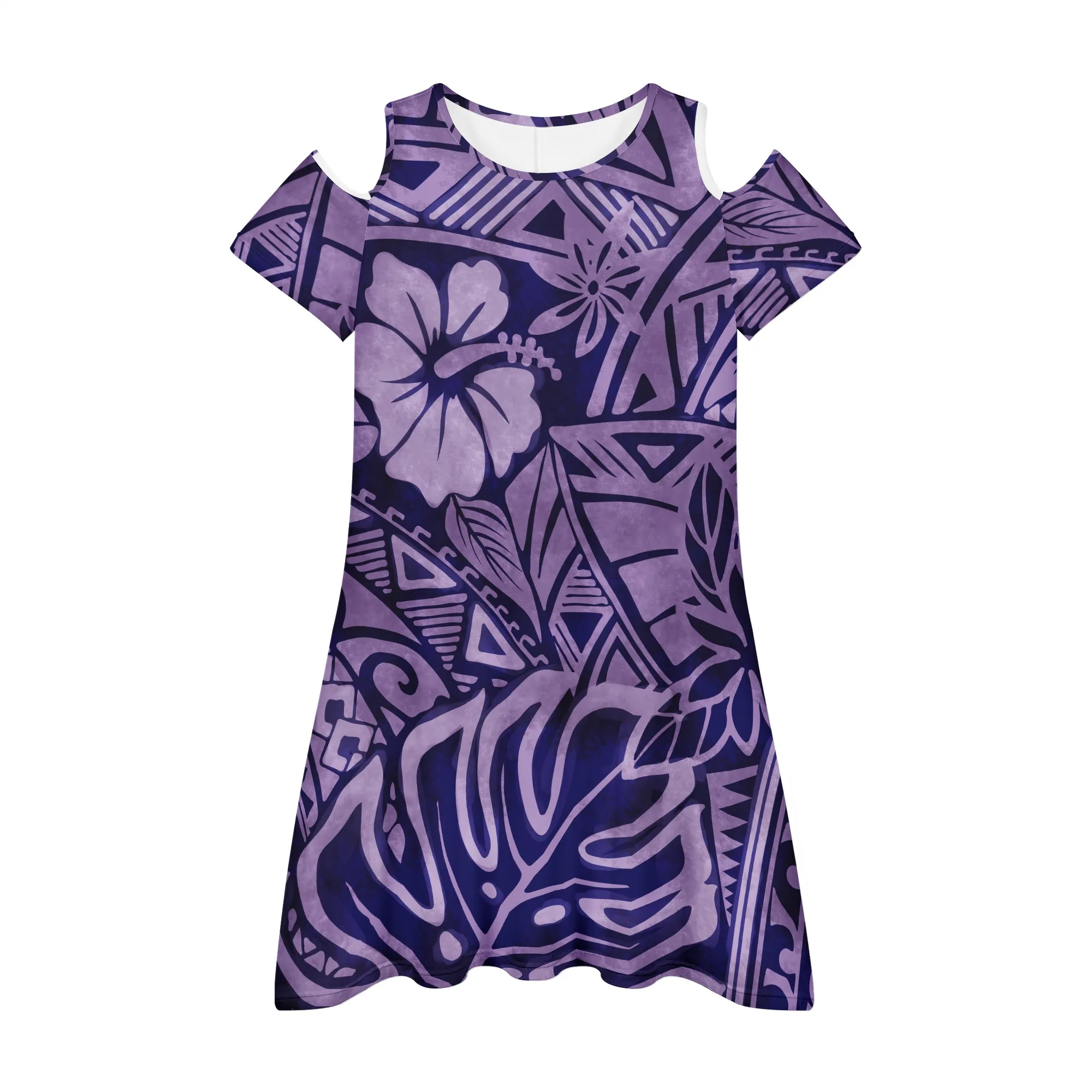 

On Demand Printing Summer O Collar Hibiscus Floral Print Short Sleeve Sexy Mini Skirt Hawaii Lively Girl Casual Dress Cool Purpl