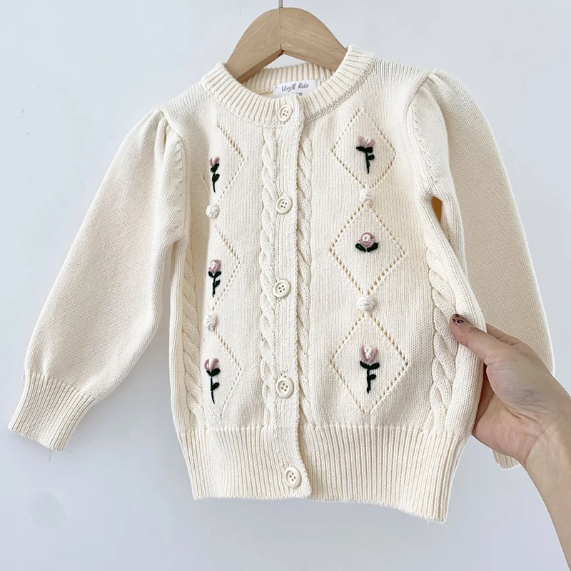 2021 Autumn Baby Girls Knitted Sweaters Jacket Korean Style Embroidery Floral Tops Kids Cardigan Coats Children Clothes Cotton