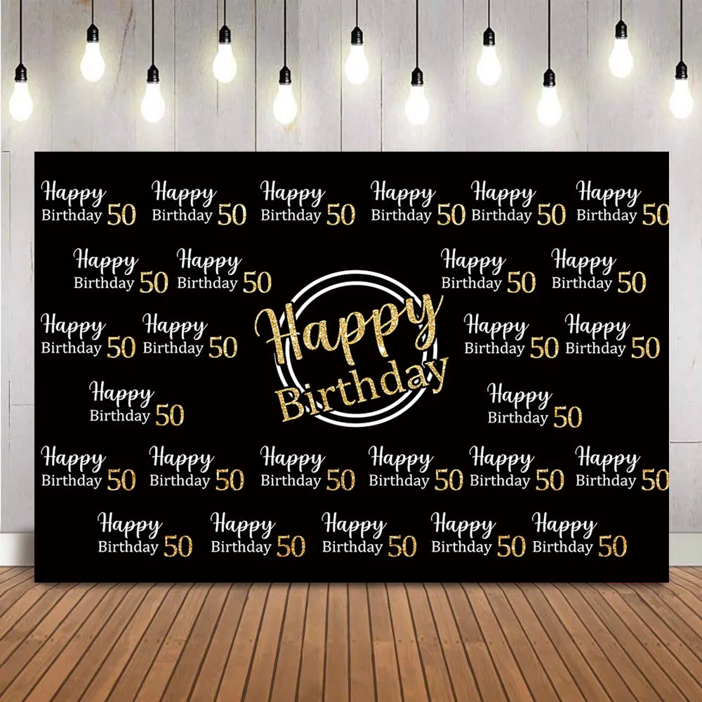 

Happy 50 Birthday Backdrop Black adult theme party decoration step and repeat customize background for photo studio photocall