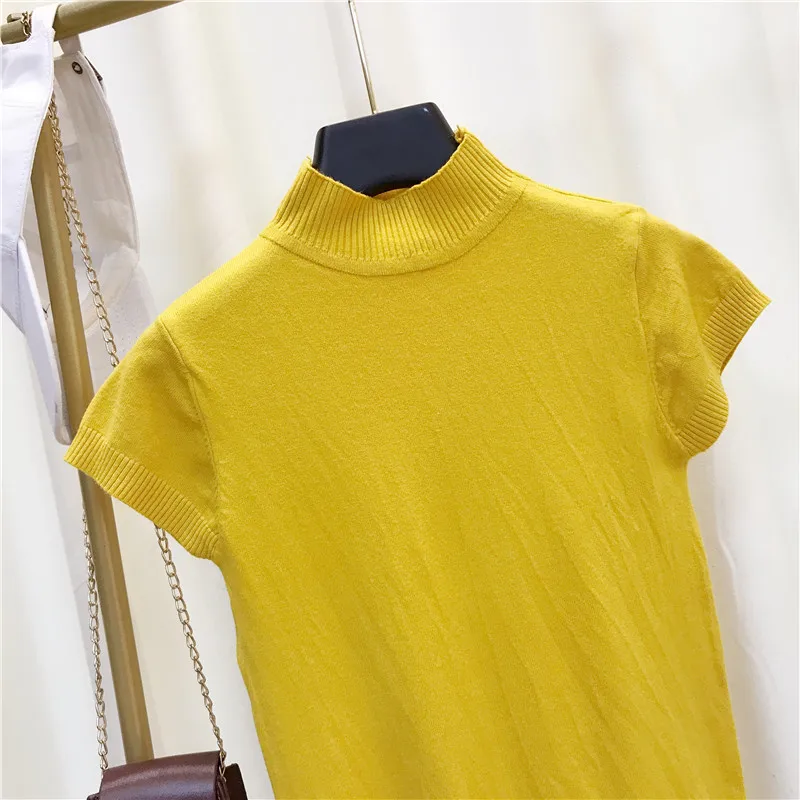 Women Half Turtleneck Short Sleeve Solid Soft Sweater Shirts 2020 Spring Girls Knitting Large Elastic Sweaters Pullovers Tops