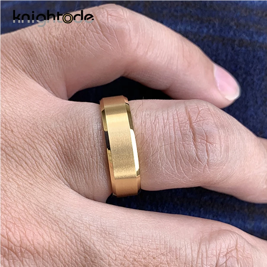 6mm 8mm Gold Color Tungsten Carbide Engagement Rings for Men Women Wedding Bands Beveled Edges Matted Finish Comfort Fit