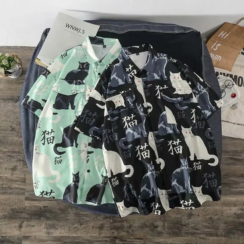 Summer high quality Mens Hawaiian Shirt 3D animal black cat Printed Short lapel Sleeve Big Size Hawaii Men Beach Floral Shirts