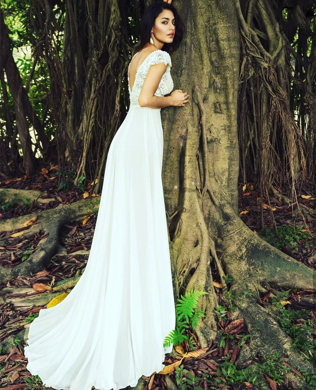 Robe de Mariée en Mousseline de Soie, Style Boho Simple, Col en V, Longueur au Sol, Plage Rustique, Vintage, pour Patients, Dos Bas, Train de Balayage Bon Marché