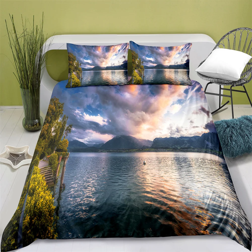 Home Textiles Printed Lake Scenery Bedding Quilt Cover & Pillowcase 2/3PCS US/AE/UE Full Size Queen Bedding Set