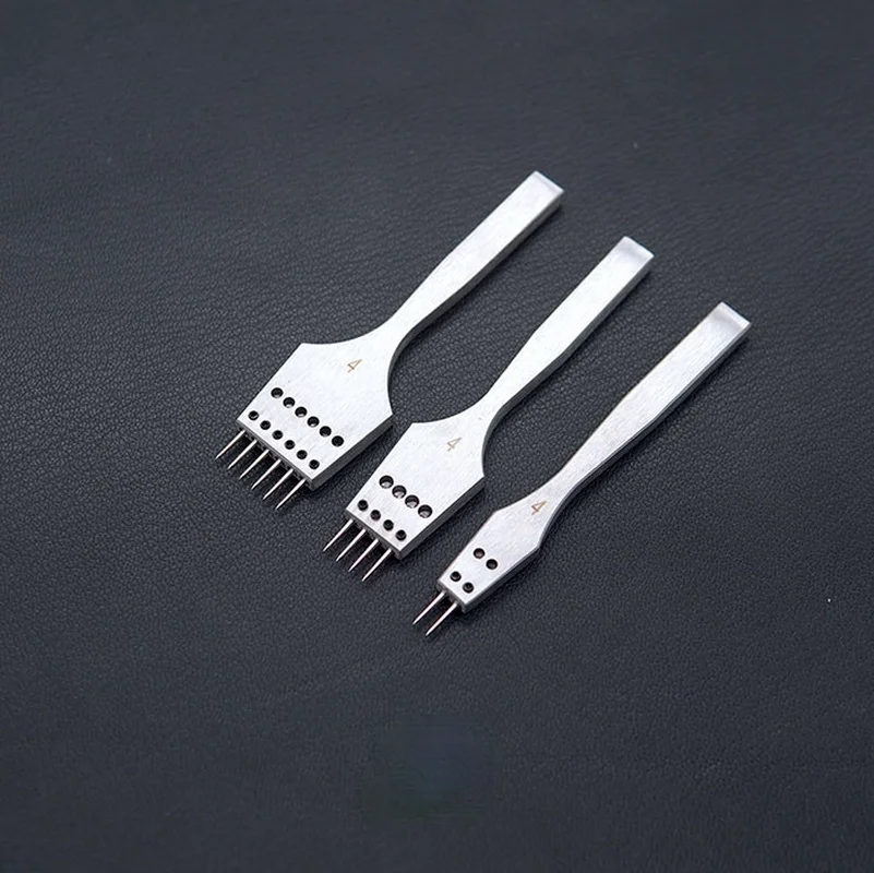 Removable Round Hole Leather Punch 4mm Spacing Chisel Round Head Lacing Stitching Sewing Tools 2/4/6 Prong Leathercraft Cut