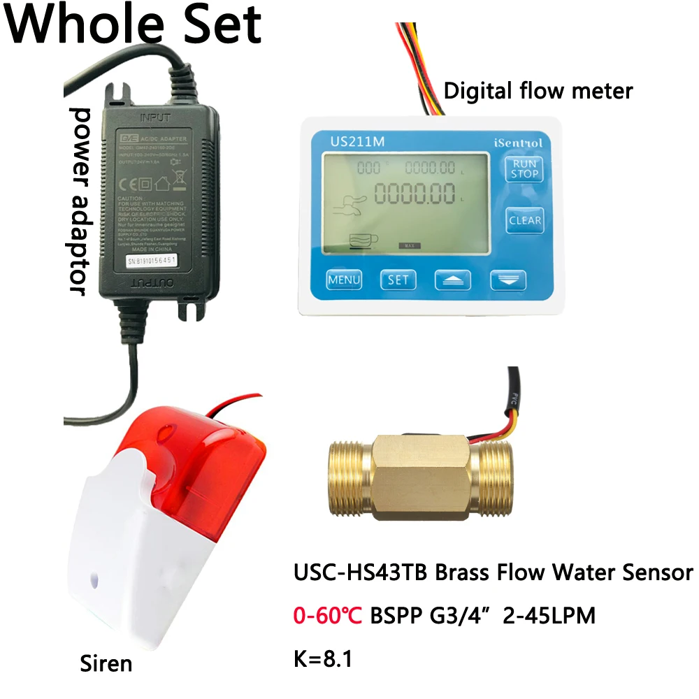 

Asia Digital Flow Meter G3/4" US211MA Pipe Water Suspend Alarming System USC-HS43TB 2-45LPM Brass BSPP G3/4" Flow Sensor