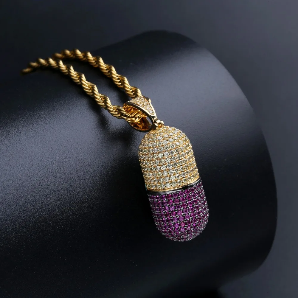 Iced Out Bing Capsule Pendant Necklace Hip Hop Purple Zirconia Gold Color Jewelry for Men Charm Gifts