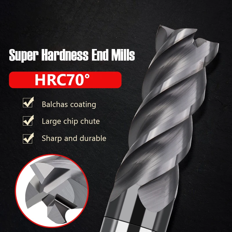 HRC70 Carbide End Mills 4 Flute 123456789,10,11,12,13,14,16,18,20mm,End Mills For Metal Metal Router CNC Milling Cutter Tools