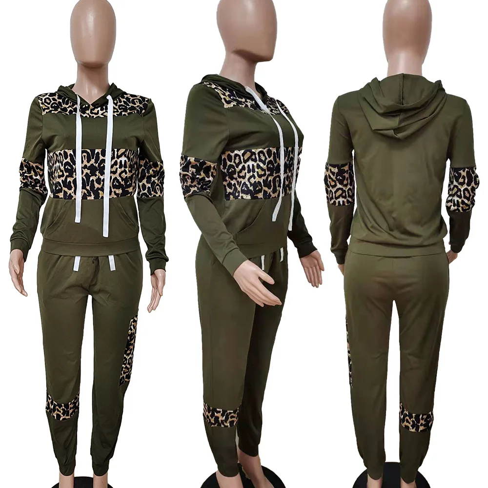 Fashion streetwear leopard patchwork print tracksuit sweatsuit women set Two piece set women hoodie+sweatpants matching outfits