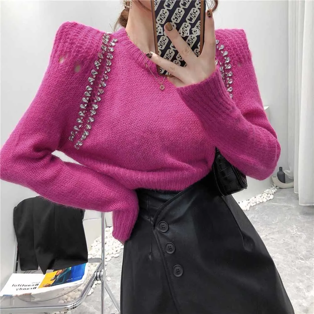 

Fashion Women Beaded Stitching Solid Color Sweater 2022 Lady New Long Sleeve Loose Knitted Top