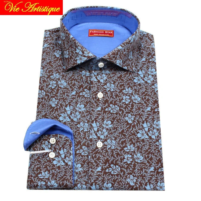 

Custom Tailor Made Men's Bespoke Cotton Floral Shirts Business Formal Wedding Ware Blouse Coffee Blue Flower Fashion David