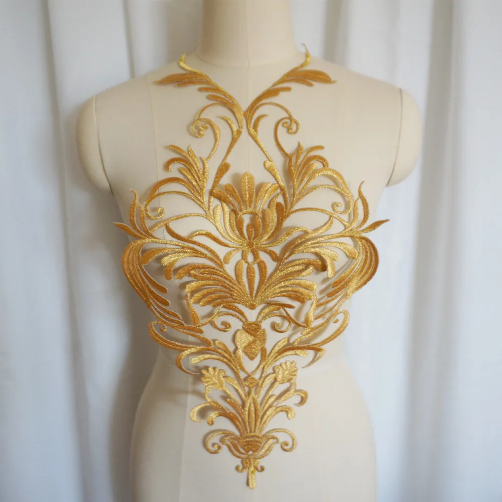 Large Gold Embroidered Baroque Flower Applique Gown Collar Iron Sew Patch For Wedding Bridal Clothes Dress Decoration DIY Crafts