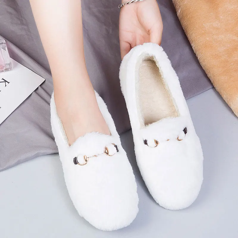 Akexiya Winter Women\'s Black Ballet Flats Warm Fur Moccasins Casual Rubber Shoes Woman Footwear Loafers Female Slip on Shoes