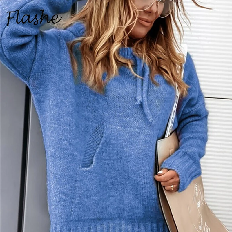 

Autumn Winter Women Hooded Sweater Long Sleeve Knitted Sweater Women Casual Solid Pullover Jumpers 2021 New Female Hoodies