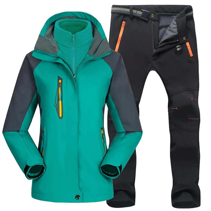 Ensemble veste et pantalon de ski imperméables pour femme, trempés, extérieur, randonnée, ski, pêche, trekking, chaud, sourire, femme, hiver