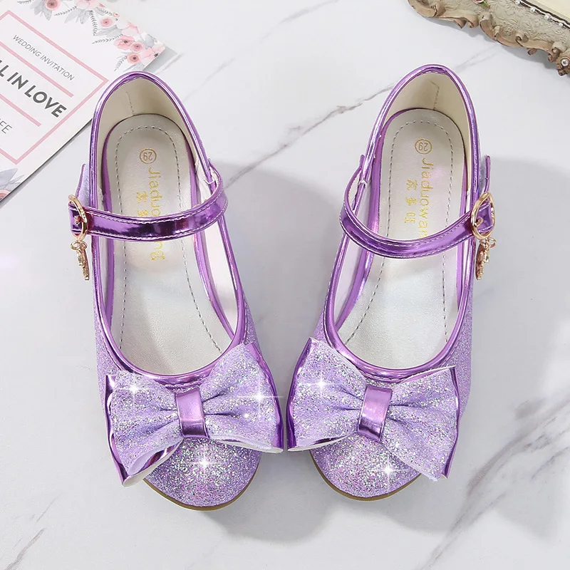 Girls Princess Shoes Butterfly Knot High-Heel Shiny Crystal Shoes Kids Leather Shoes Children\'s Single Shoes Birthday Present