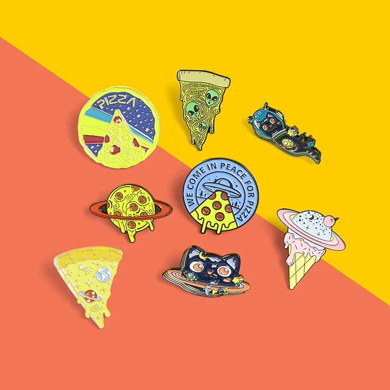 Pizza Custom Enamel Pins Collection Cartoon Lapel Pin Astronaut Cat Lapel Brooch Pizza Lover Space Lover Jewelry Drop Shipping