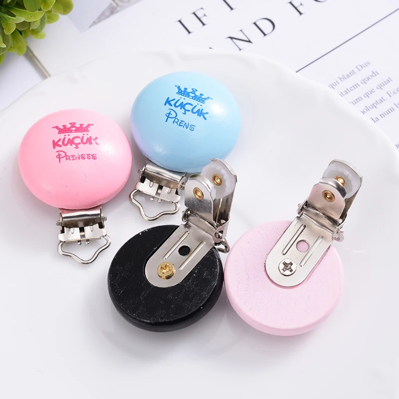 10Pcs/Lot 35mm Anti-drop Metal Handmade Wood Clip Baby Round Soothing Pacifier Clip For DIY Pacifier Chain Accessories Wholesale