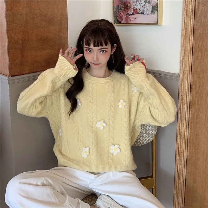 Sweaters Women Knitted Long-sleeve Flowers Sweet Lovely Oversize Girls Pullover Sweater Elegant Fashion All-match Causal Ulzzang