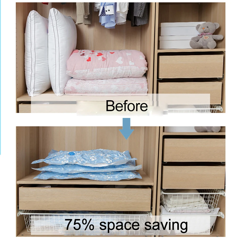 Clothing Compression Vacuum Bags Closet Storage Organizer with Hand Pump Reusable Household Wardrobe Travel Space Saver Seal Bag