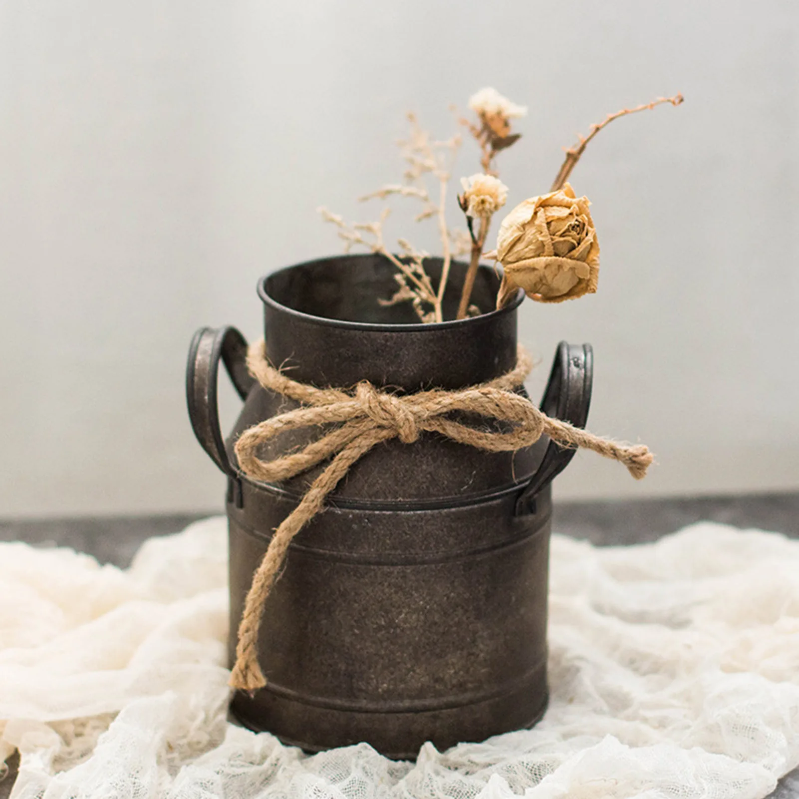 Retro Metal Flower Bucket With Hemp Rope Planter Bucket Home Flower Holder Pot With Handles Desktop Decoration Photography Props