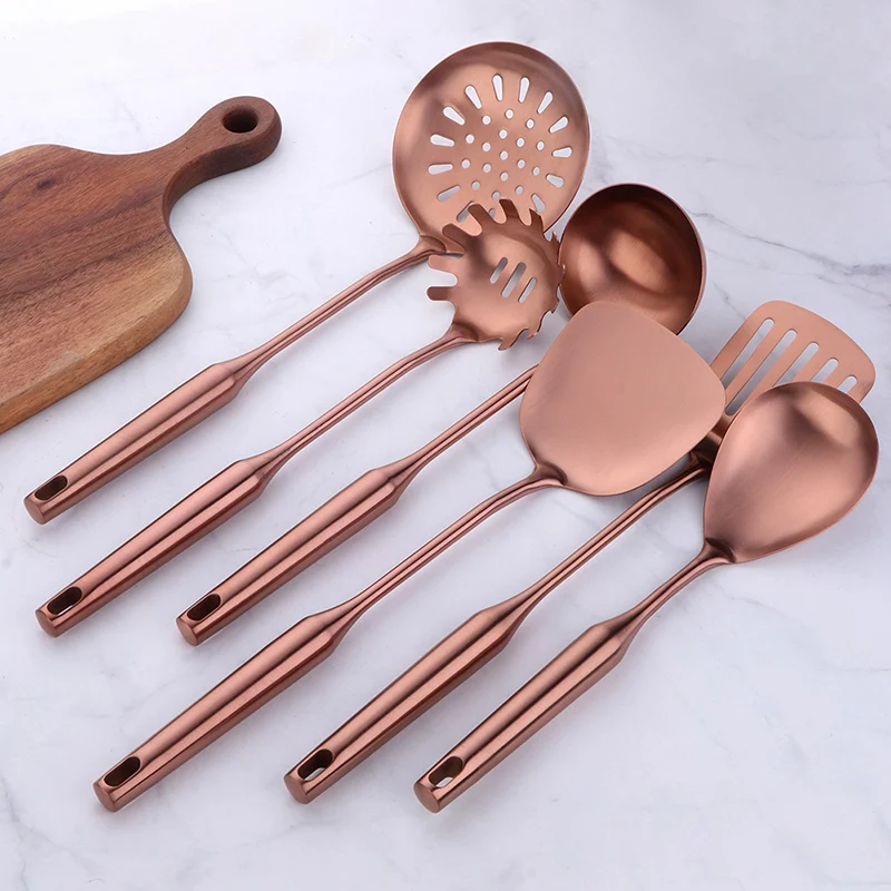 1Pc Rose Gold Cooking Tools Long Handle Kitchen Gadgets Metal Slotted Turner Ladle Stainless Steel Kitchen Accessories Utensil