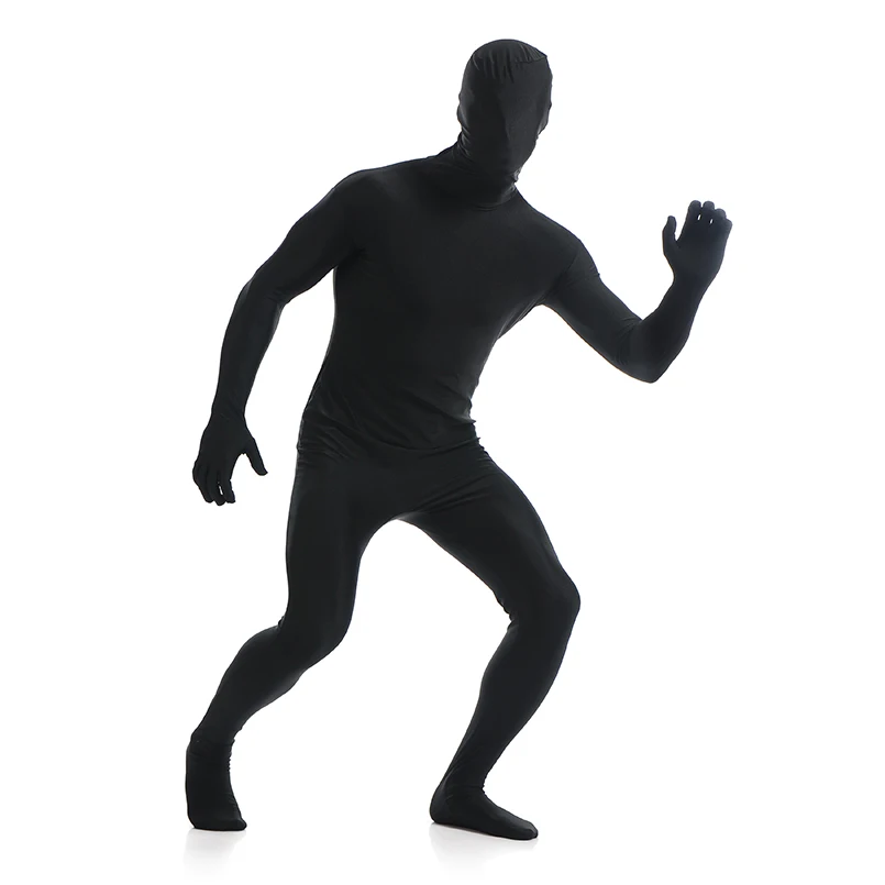 Disfraces Zentai negros personalizados, traje de piel de cuerpo completo, Catsuit, Disfraces de Halloween, Body con cremallera en la entrepierna, ojos abiertos, boca abierta