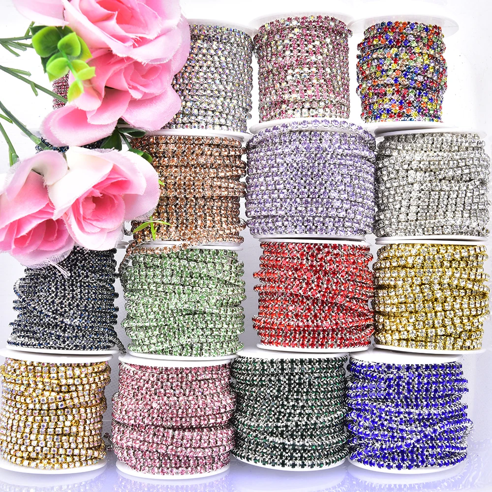 Glass SS8-SS16 2.5mm-4mm Silver/Gold Base Claw Crystal Trim Dense Rhinestone Cup Chain For Shoes Clothes Bags DIY 10 Meters/Roll