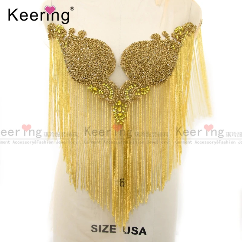 Keering Sexy Dark V Waterfall Dangling Body Applique, Party Patches, Front And Back In Gold ,WDP-246