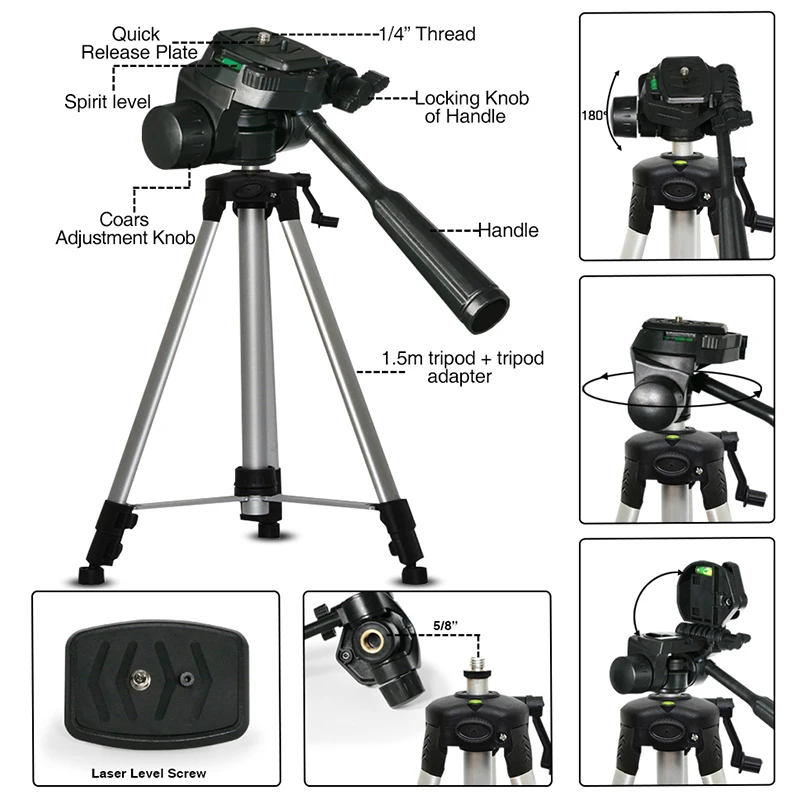 Clubiona Multi-function Travel Camera Tripod Adjustable Laser Level Tripod with 1/4 Screw Pan Head,with Bubble Level