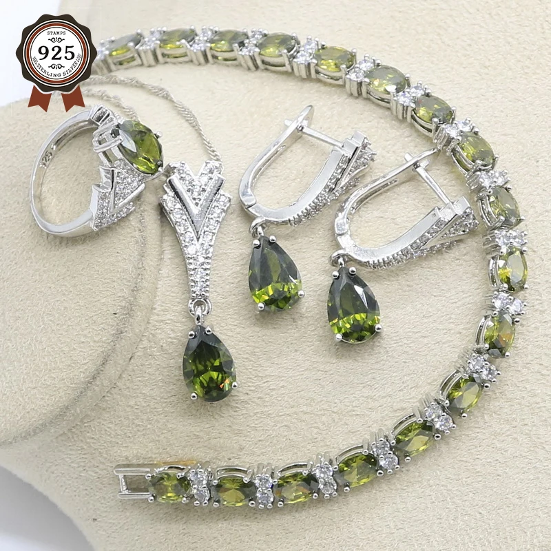 New Peridot Green Silver 925 Jewelry Set for Women with Bracelet Earrings Necklace Pendant Ring Birthday Gift