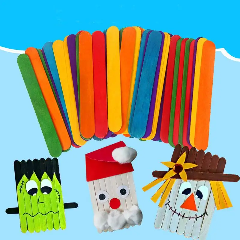 50pcs DIY handmade wooden sticks Primary color colored popsicle ice cream sticks  Kindergarten handmade creative materials FZ39