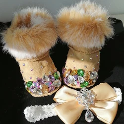 Bottes de neige brillantes pour bébés filles, chaussures en cristal de perles, bande de sauna, biscuits, ange noble, cadeau de premiers marcheurs, hiver