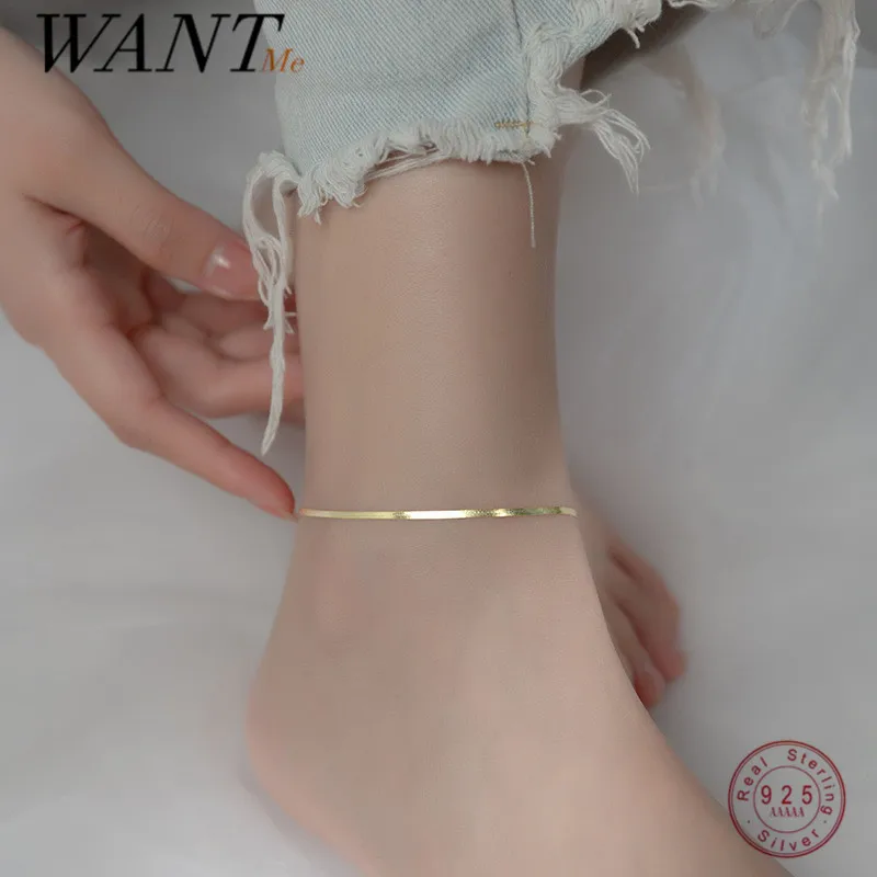 

WANTME 925 Sterling Silver Minimalist 18k Gold Glossy Snake Bone Anklet for Women Beach Summer Charm Party Jewelry Accessories