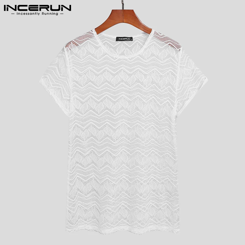 Men T Shirt Mesh Lace See Through Streetwear O Neck Breathable Short Sleeve Sexy Tee Tops Party Casual Camisetas S-5XL INCERUN