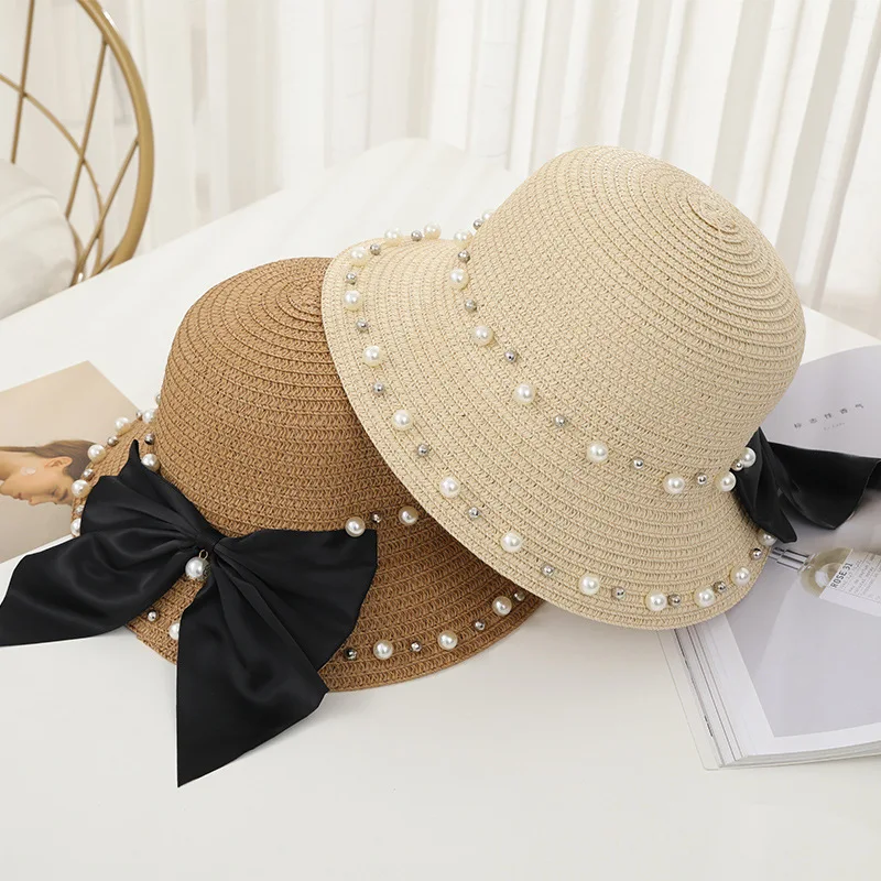 new spring and summer female sunscreen sun hat children bowknot straw hat pearl beach hat traw hat female parent-child hat