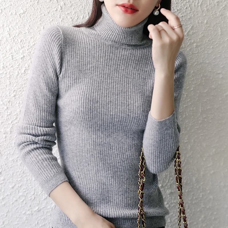 

High Elastic Women Pullovers 100% Wool Knit-Tops 2020 Winter Hot Sale Turtleneck Sweaters Female Warm Standard Clothes 7Colors