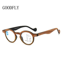 Wood Grain Progressive Multifocal Reading Glasses Men Women Anti Blue Light Glasses Retro Vintage Presbyopic Round Glasses 2024