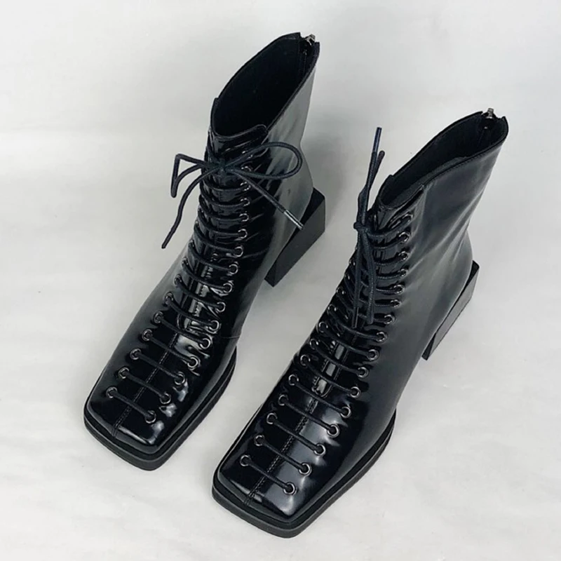 

new winter Strange square heel chelsae boots women lace up zip genuine leather short boots for woman Retro motorcycle boots