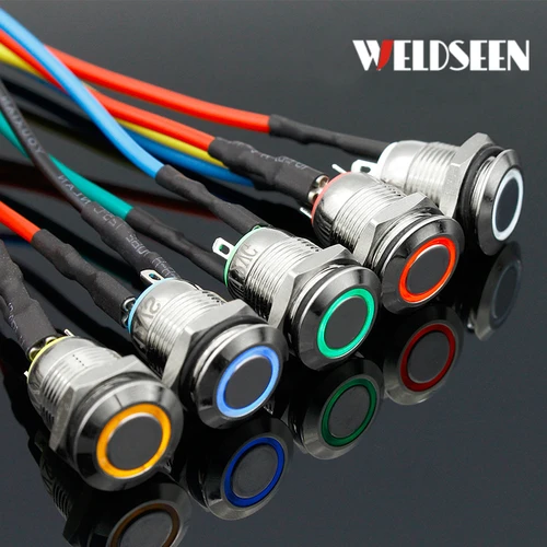 Interruptor de botón de Metal 12mm tipo de bloqueo momentáneo interruptor de parada de inicio de botón de encendido de bricolaje LED 3V 6V 12V 24V 220V