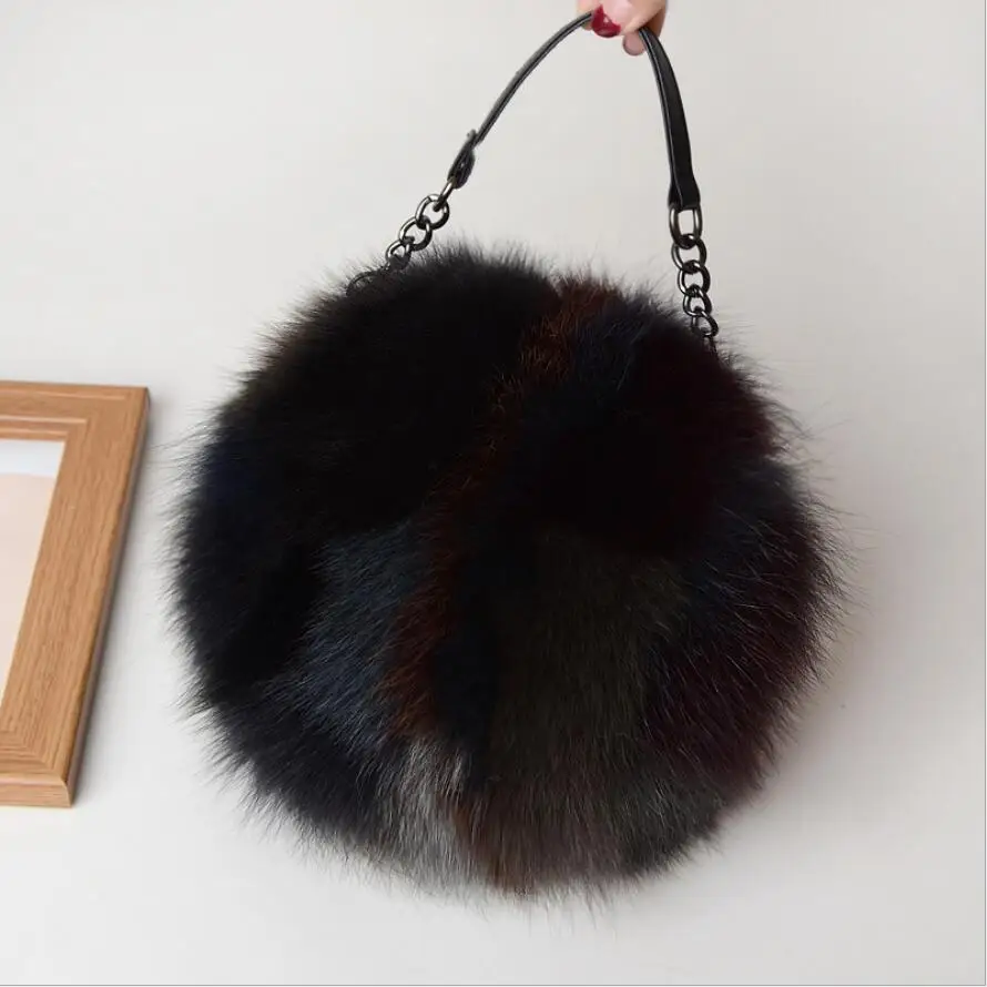 Real Fox Fur Bag Women Winter Women Soft Fluffy Party Handbag Circle Street