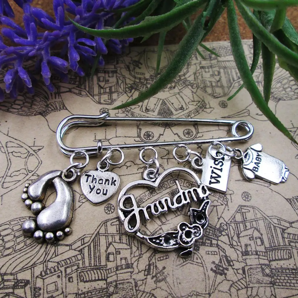 Baby Feet Baby Dress Grandma Theme Silver Plated Charm Brooch Gift Birthday