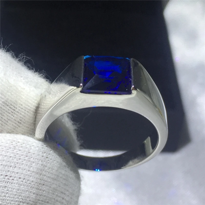 Solid s925 Sterling Silver Rings For Men Women Square Blue Sapphire Stone Wedding Bands CZ Promise Engagement Ring Male Jewelry