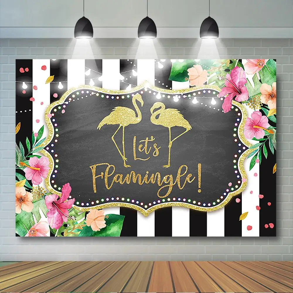 

Flamingo Birthday Backdrop Let's Flamingle Girl Birthday Party Decor Table Banner Tropical Black and White Stripes Background